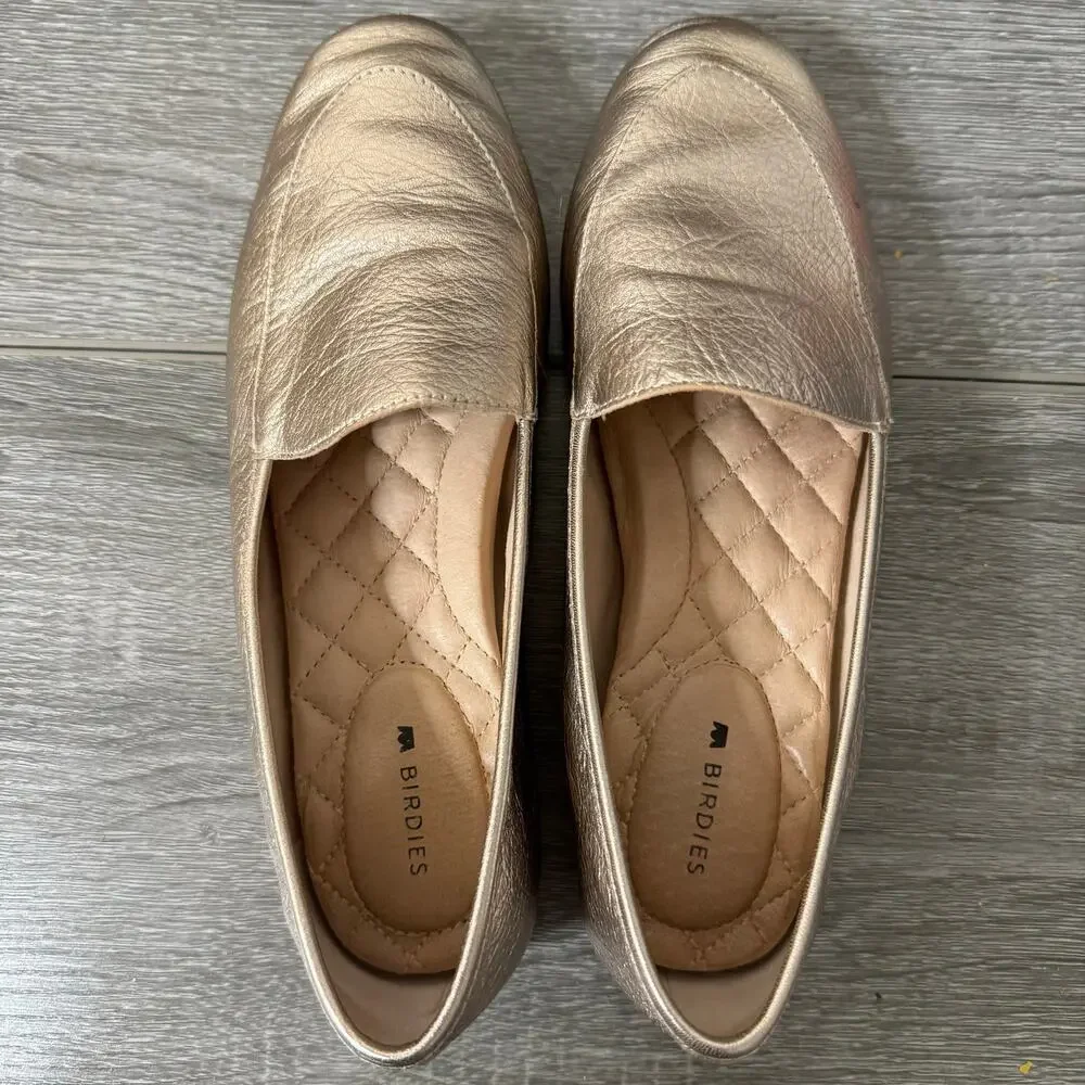 Birdies Metallic Gold Leather Loafers Women’s 5.5 Quilted Smoking Flats